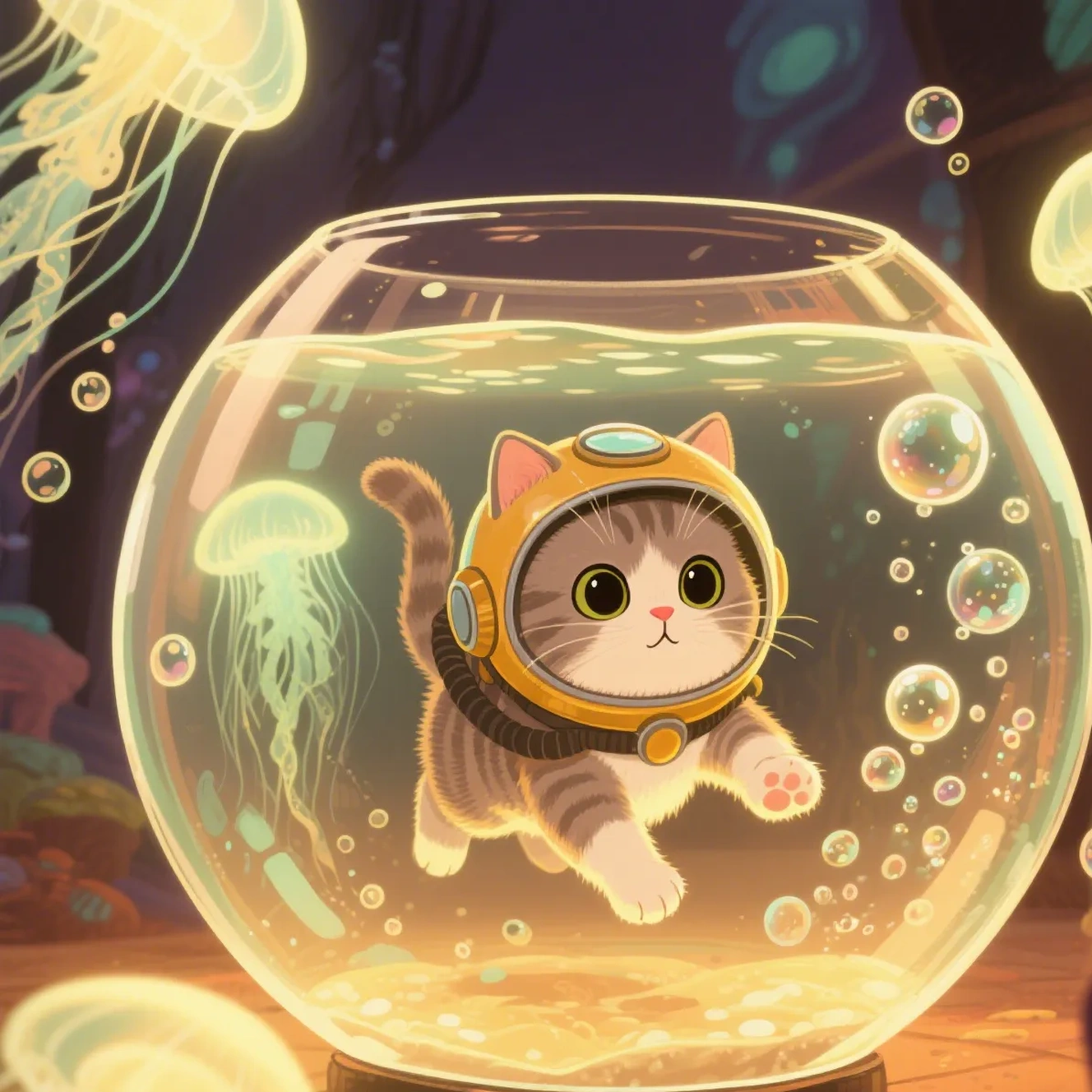 Kitten in fishbowl with jellyfish