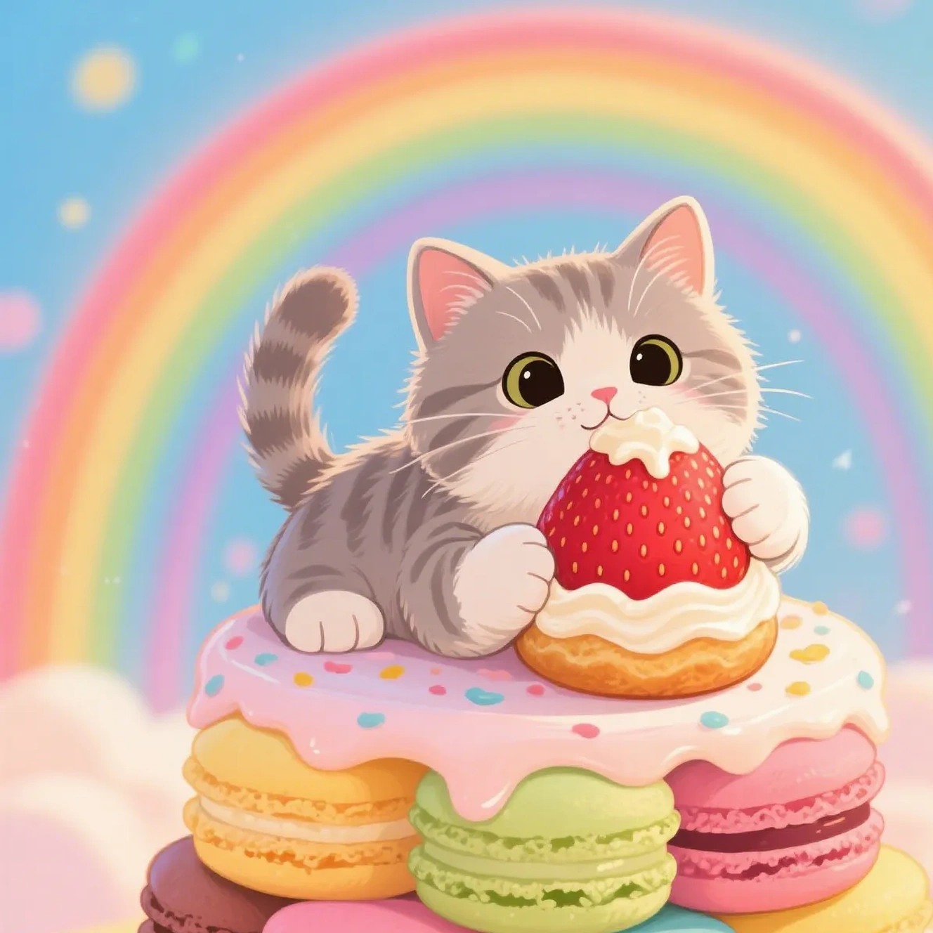 Cute kitten eats strawberry dessert
