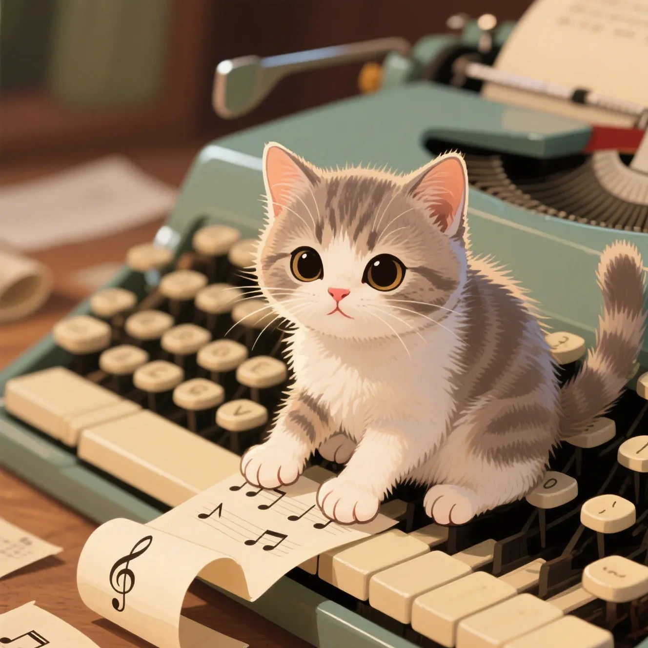 Sweet kitten on musical typewriter