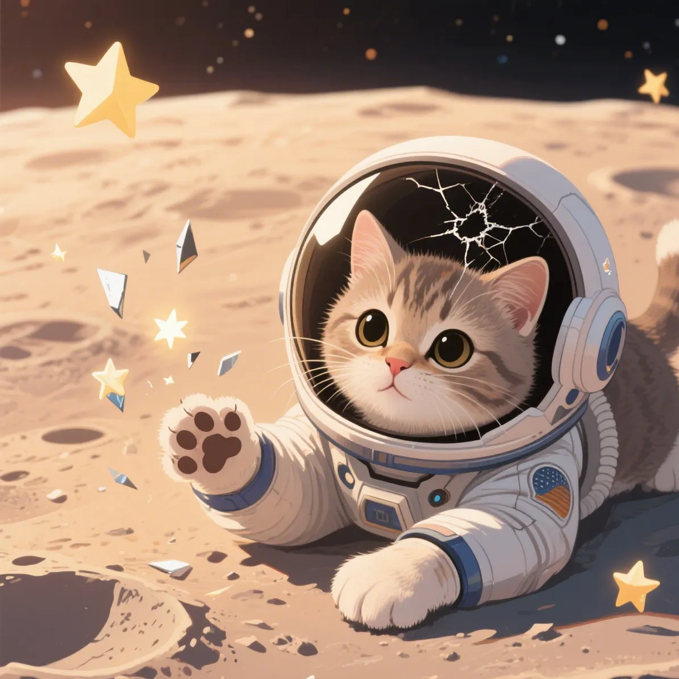 Kitten astronaut playing on moon