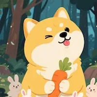 Dog holding carrot with bunnies