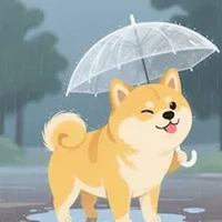 Dog with umbrella in rain
