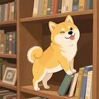 Dog reading books on shelf
