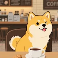 Dog drinking coffee cookies